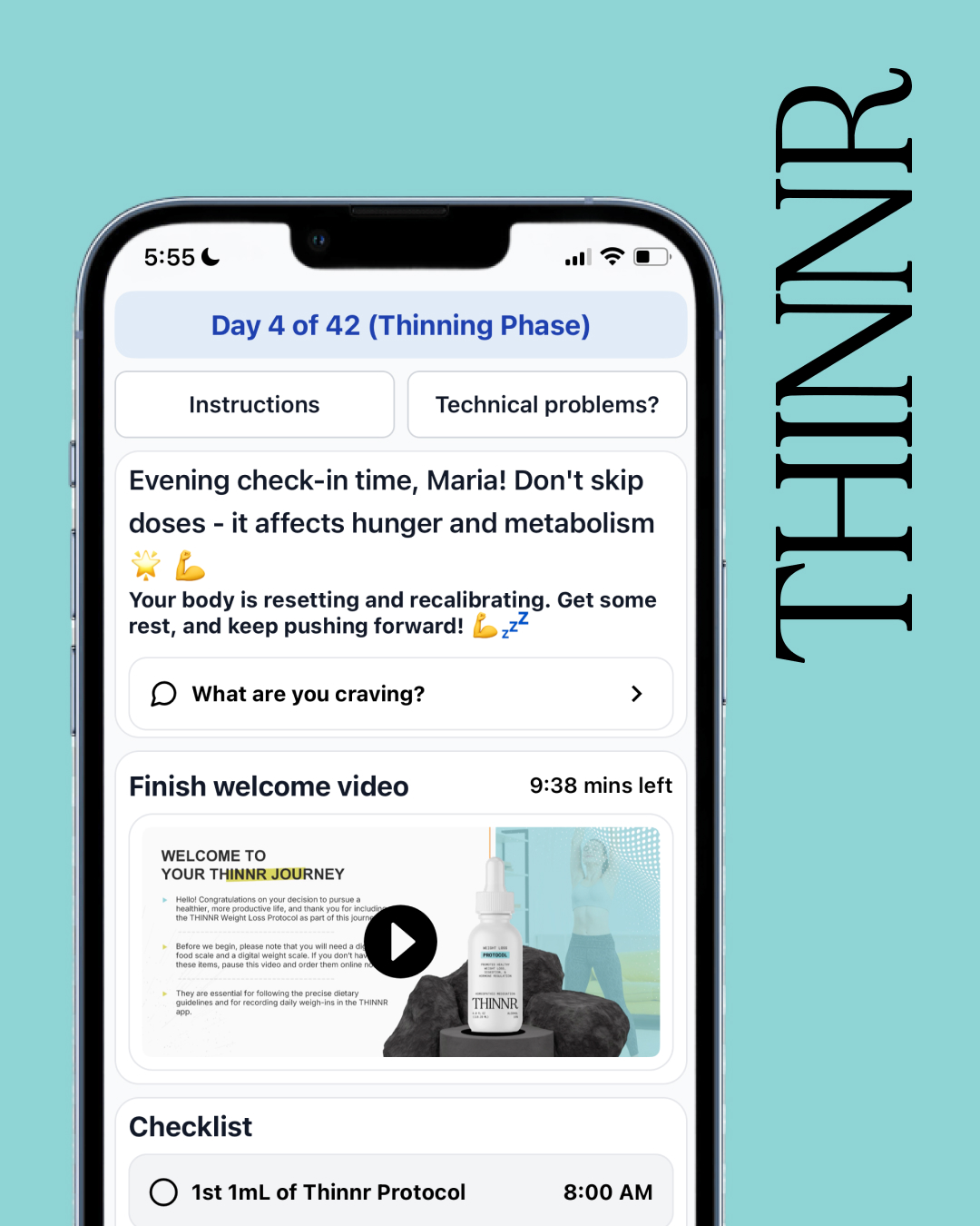 THINNR digital program showing daily check-ins, education, and a checklist